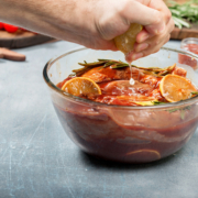 Man is making marinade beef for stewing